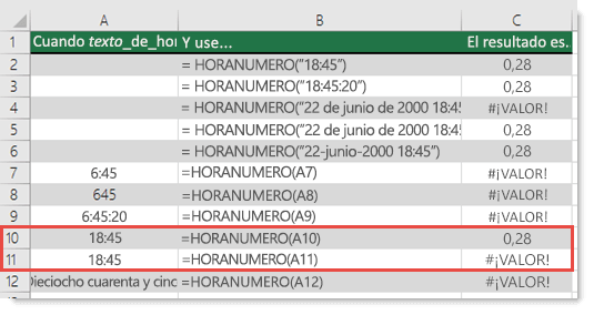 Resultado de varias funciones HORANUMERO