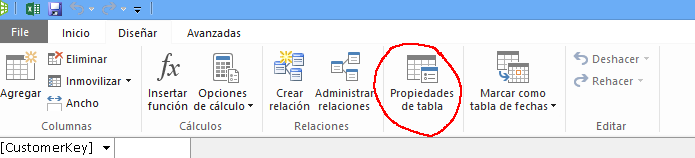 Cinta en la ventana PowerPivot con el comando Propiedades de la tabla
