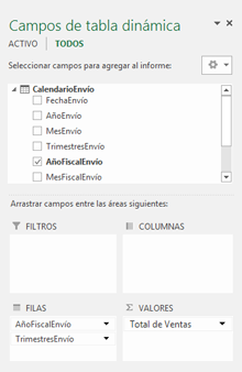 lista de campos de tabla dinámica del calendario de