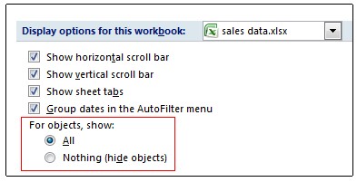 Opciones para mostrar y ocultar objetos en el cuadro de diálogo Opciones de Excel