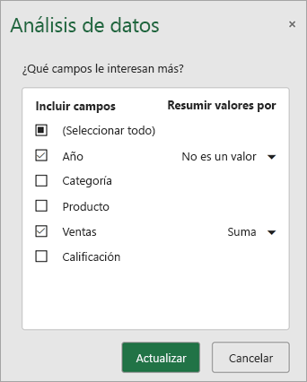 Seleccione los campos que desea incluir y actualizar para obtener nuevas recomendaciones.
