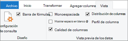 Opciones de generación de perfiles de datos en la pestaña Vista de la cinta de Editor de Power Query