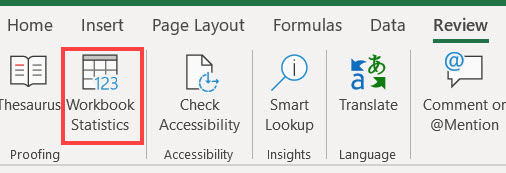 Comando para las estadísticas del libro en la franja de Excel