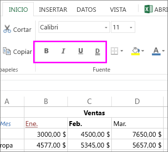 el grupo de botones Fuente para usar con el cambio de estilo de fuente en una celda
