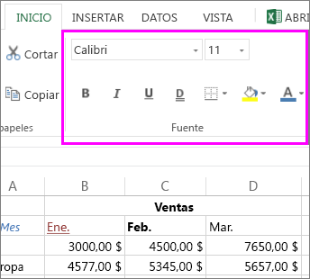Botones de configuración de fuente de la Cinta