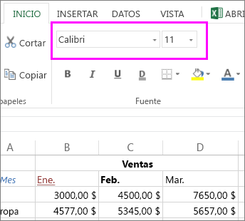 Seleccione otro estilo o tamaño de fuente en los botones de fuentes de la cinta