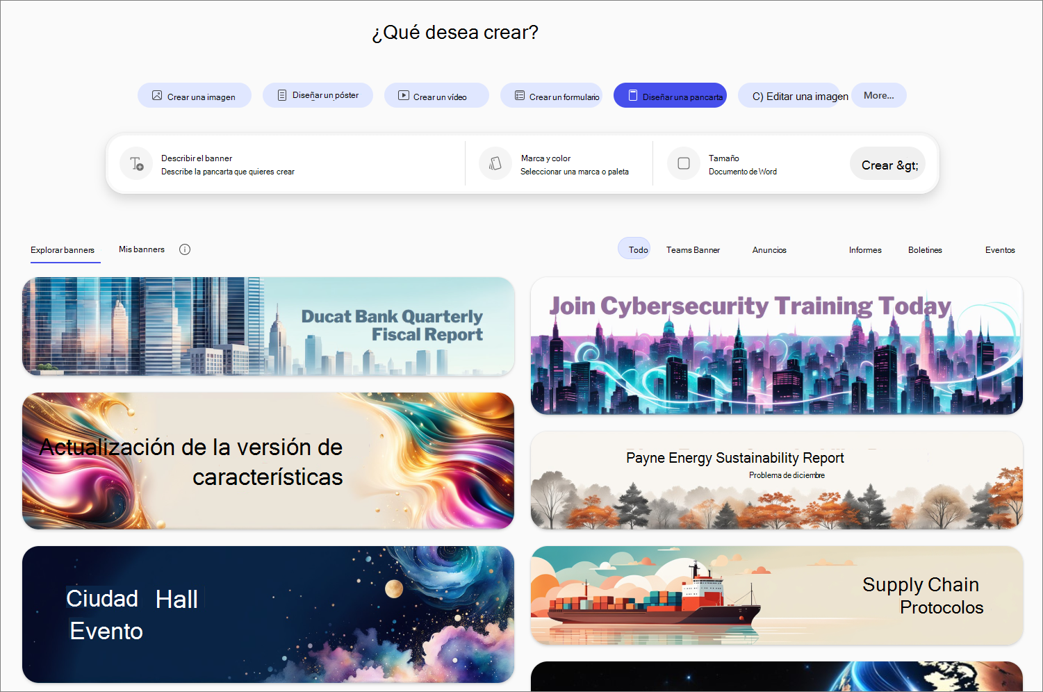 Diseñar una opción de pancarta en Crear en Copilot