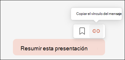 Muestra un consulta de Copilot, con el cursor sobre él exponiendo un pequeño menú en la parte superior derecha que incluye el botón de Copiar vínculo del mensaje.
