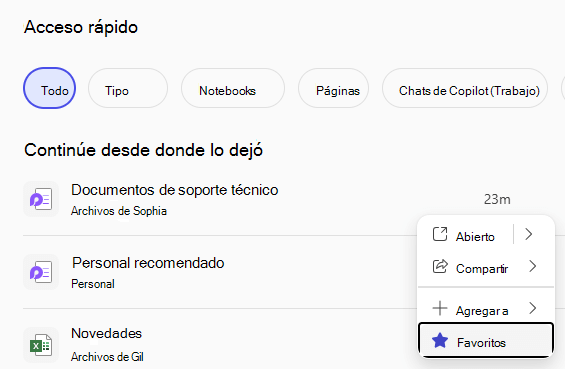 El panel de acceso rápido que muestra archivos recientes y un botón Favorito