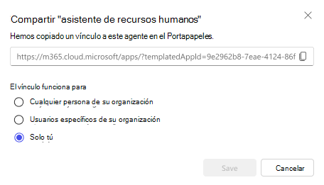 Captura de pantalla de las opciones para compartir un agente