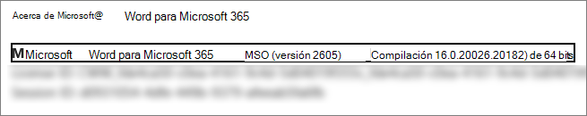 Captura de pantalla que muestra la versión de Word, la compilación y la versión de bits.
