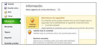 Captura de pantalla que muestra el área Advertencia de seguridad.