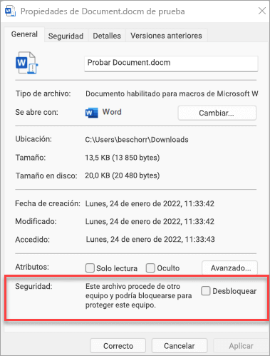 En las propiedades del archivo, cerca de la parte inferior de la pestaña General, hay una sección Seguridad con una casilla para desbloquear el archivo.