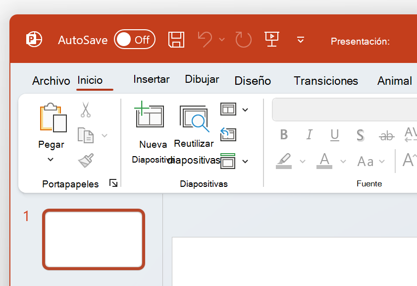 Captura de pantalla de la parte superior izquierda de PowerPoint en tema multicolor.