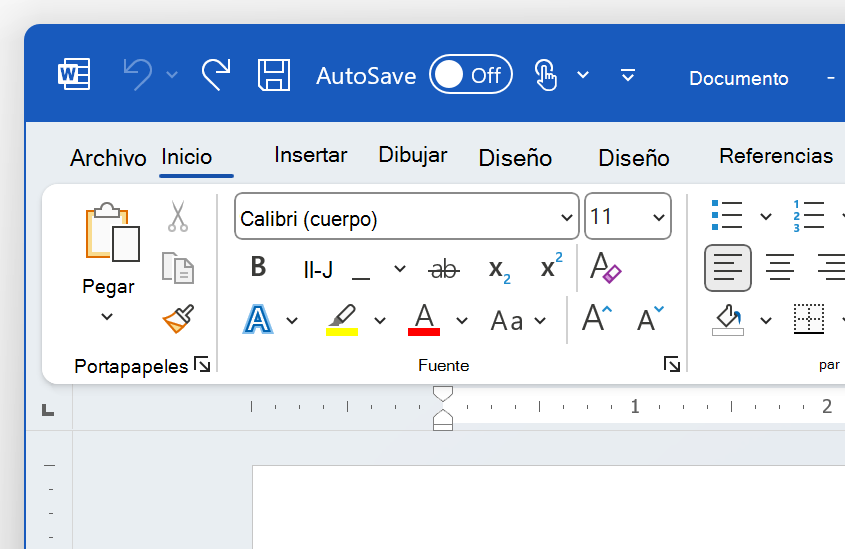 Captura de pantalla de la parte superior izquierda de Word en Tema multicolor.