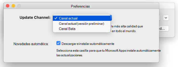 Imagen de Microsoft AutoUpdate para Mac:> ventana Preferencias que muestra las opciones de canal de actualización.