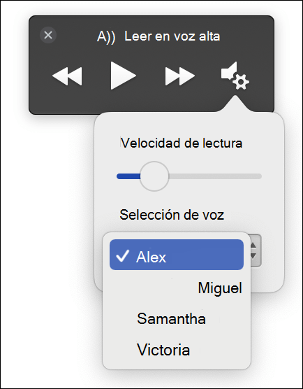 Se muestran cuatro opciones de selección de voz para la característica de lectura en voz alta del Lector inmersivo