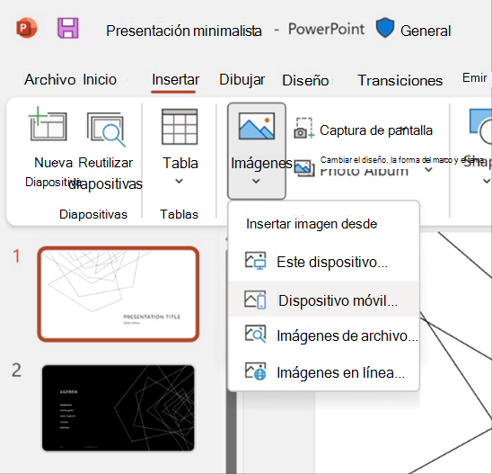 Captura de pantalla de la característica de inserción de una imagen desde un dispositivo móvil en PowerPoint.