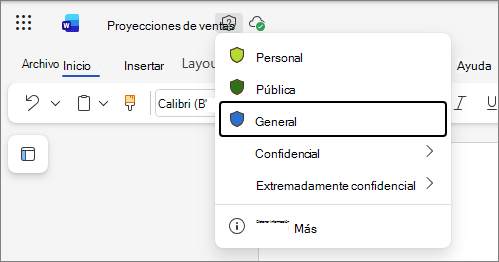 Lista desplegable de etiquetas de confidencialidad en Office para la Web, con un documento de Word como ejemplo y nombres de etiqueta estándar