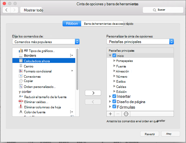 Captura de pantalla del cuadro de diálogo Personalizar cinta de opciones de Mac