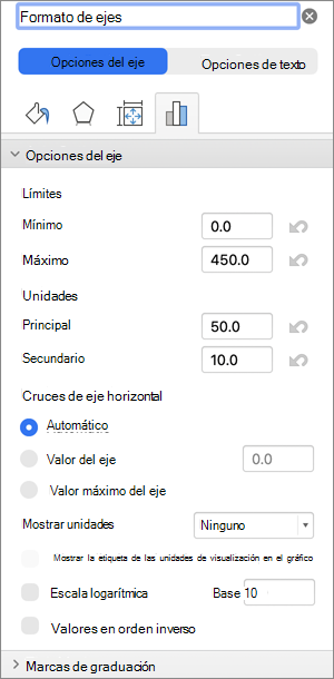 Captura de pantalla del cuadro de diálogo Formato de ejes.