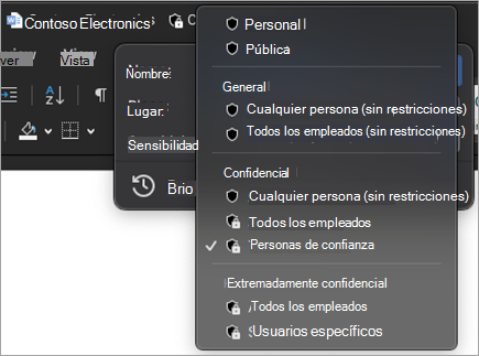 Captura de pantalla del menú de confidencialidad de la barra de título expandido para mostrar las etiquetas de confidencialidad disponibles.