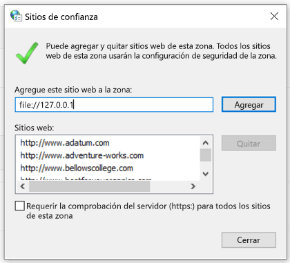 Agregar un sitio de confianza en las propiedades de Internet
