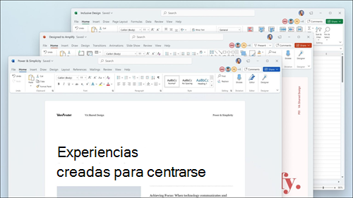 Word, Excel y PowerPoint se muestran con actualizaciones visuales en la cinta de opciones y esquinas redondeadas para que coincidan con la interfaz de usuario de Windows 11.