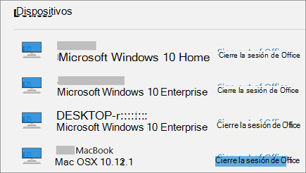 Muestra los dispositivos Windows y Mac y el vínculo para cerrar la sesión de Office en account.Microsoft.com