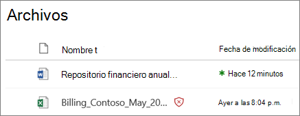 Captura de pantalla de archivos en OneDrive para la Empresa con uno detectado como malintencionado