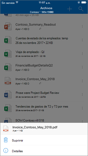 Captura de pantalla de la eliminación de un archivo bloqueado de OneDrive para la Empresa desde la aplicación móvil de OneDrive