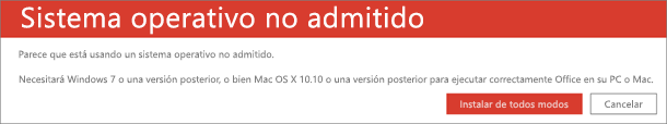 El error de sistema operativo no compatible indica que no se puede instalar Office en el dispositivo actual