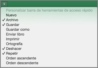 Personalizar el menú de la barra de herramientas de acceso rápido de Office 2016 para Mac