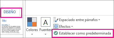 Opción Guardar como predeterminado para temas de Word que aparecen en la pestaña Diseño