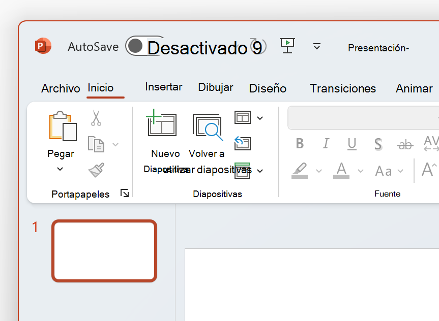 Captura de pantalla de la parte superior izquierda del tema de PowerPoint en blanco.