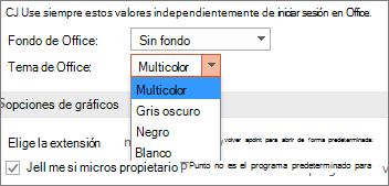 Muestra las opciones de tema de Office en PowerPoint 2016