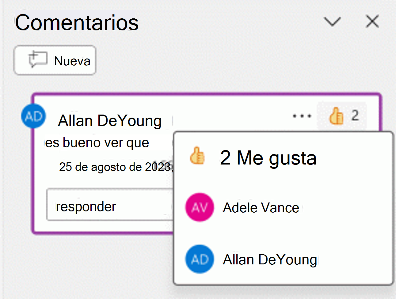 Captura de pantalla de una reacción de pulgar hacia arriba a un comentario