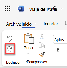 El botón Rehacer en Microsoft Word para la Web.