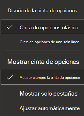 Captura de pantalla de la cinta de opciones en la Web.