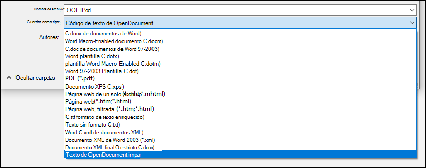 Lista de formatos de archivo de Word con el formato de archivo ODT resaltado