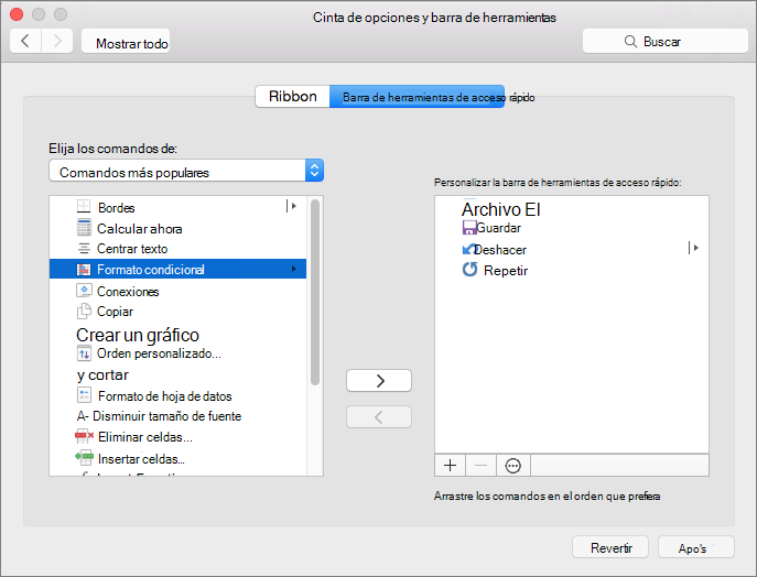 Captura de pantalla del cuadro de diálogo Personalizar QAT de Mac