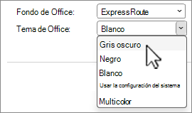 Captura de pantalla de las selecciones de temas de Office.