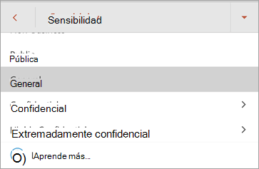 Captura de pantalla de etiquetas de confidencialidad en Office para Android