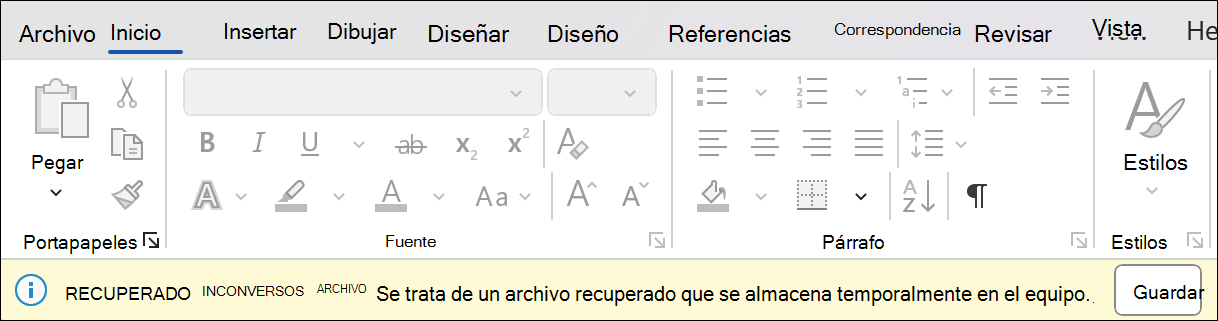 Captura de pantalla de la recuperación de sesión en Word que indica Recuperar archivo no guardado: este es un archivo recuperado que se almacena temporalmente en el equipo. Junto a él hay un botón Guardar.