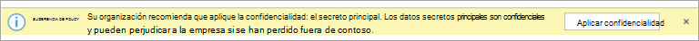 Captura de pantalla de una sugerencia de directiva para una etiqueta de confidencialidad recomendada