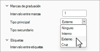 Sección Marcas de graduación y etiquetas del panel Formato de ejes