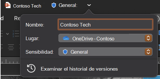 Lista desplegable de la barra de título expandida que muestra el nombre de archivo, la ubicación y la confidencialidad.