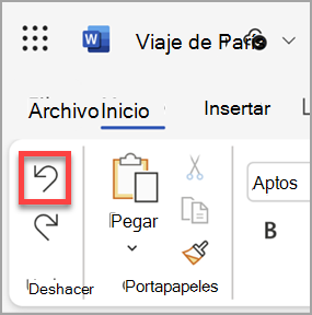 El botón Deshacer en Microsoft Word para la Web.