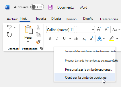 Contraer la cinta de opciones
