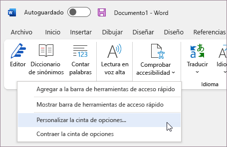 Seleccione Personalizar cinta de opciones